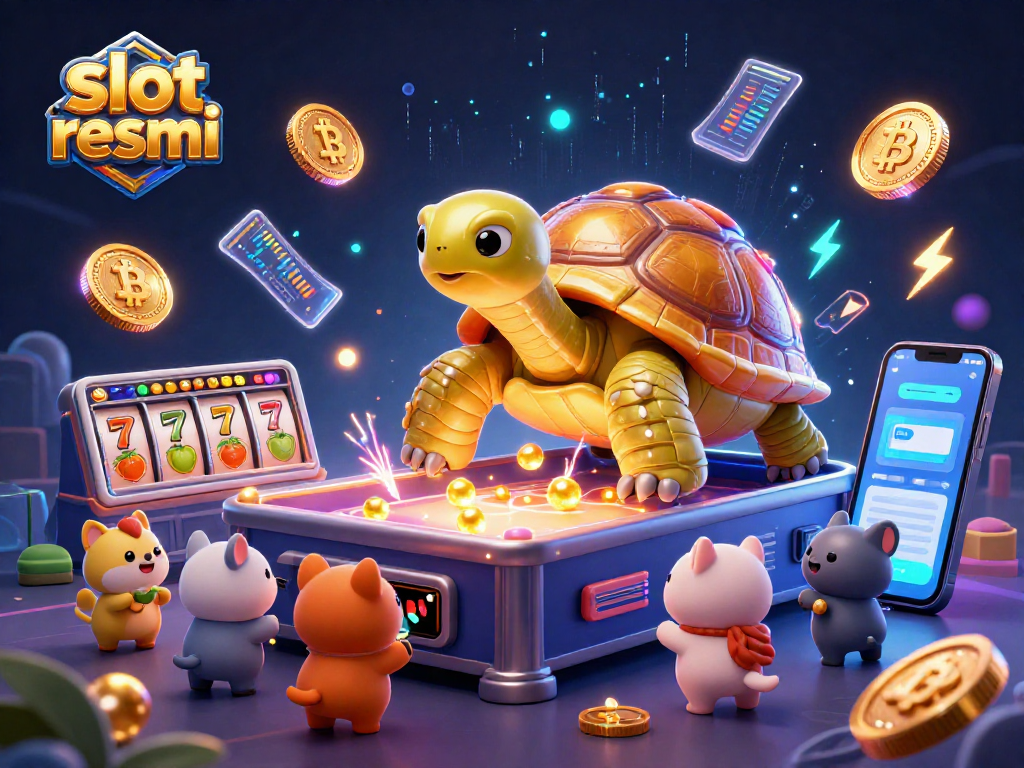 Engage with slot resmi in a vibrant casino scene featuring a giant golden tortoise and animated slot elements.