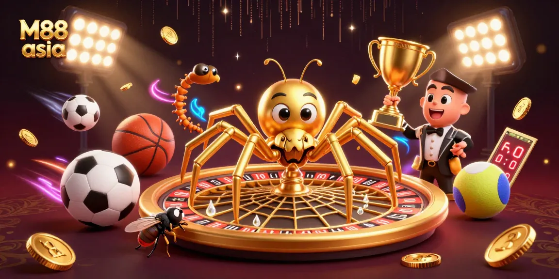 Experience thrilling bets with M88 asia in this vibrant 3D casino scene featuring dynamic sports elements and charming characters.