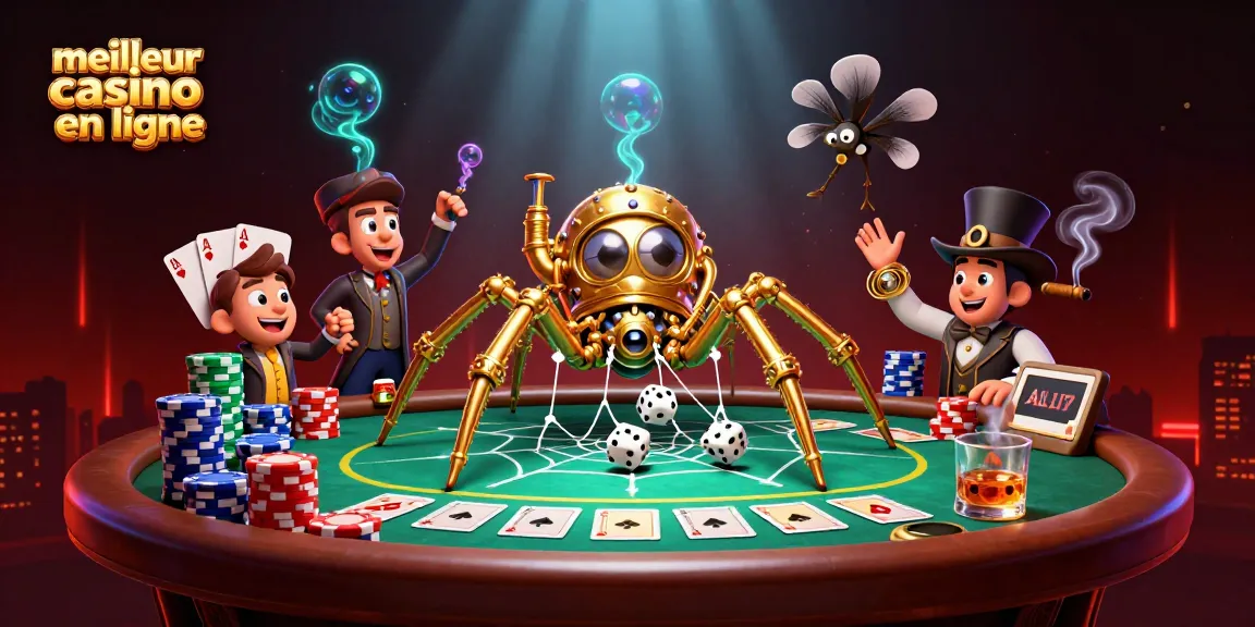 Visualisez le meilleur casino en ligne avec une araignée steampunk dorée tissant un réseau de jetons.