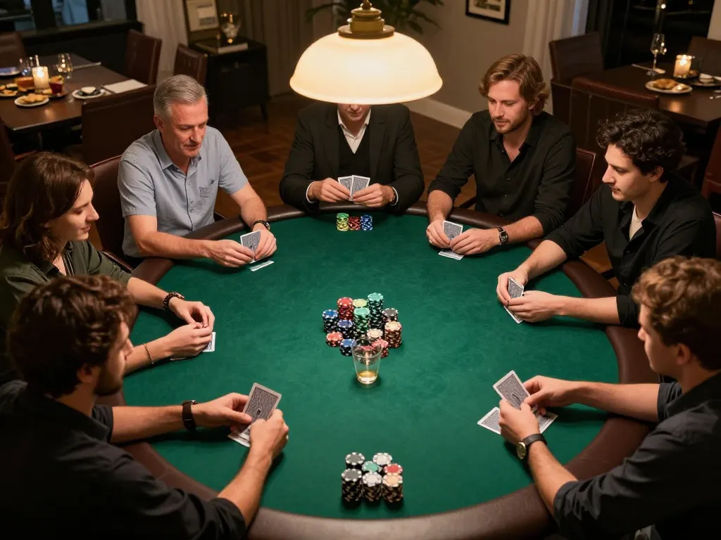 S666 players enjoying thrilling poker match in upscale setting with friends, engaging in social strategy and friendly competition.