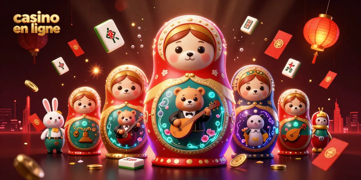 Jouez dans un casino en ligne avec des ours Matryoshka et des éléments colorés et festifs.