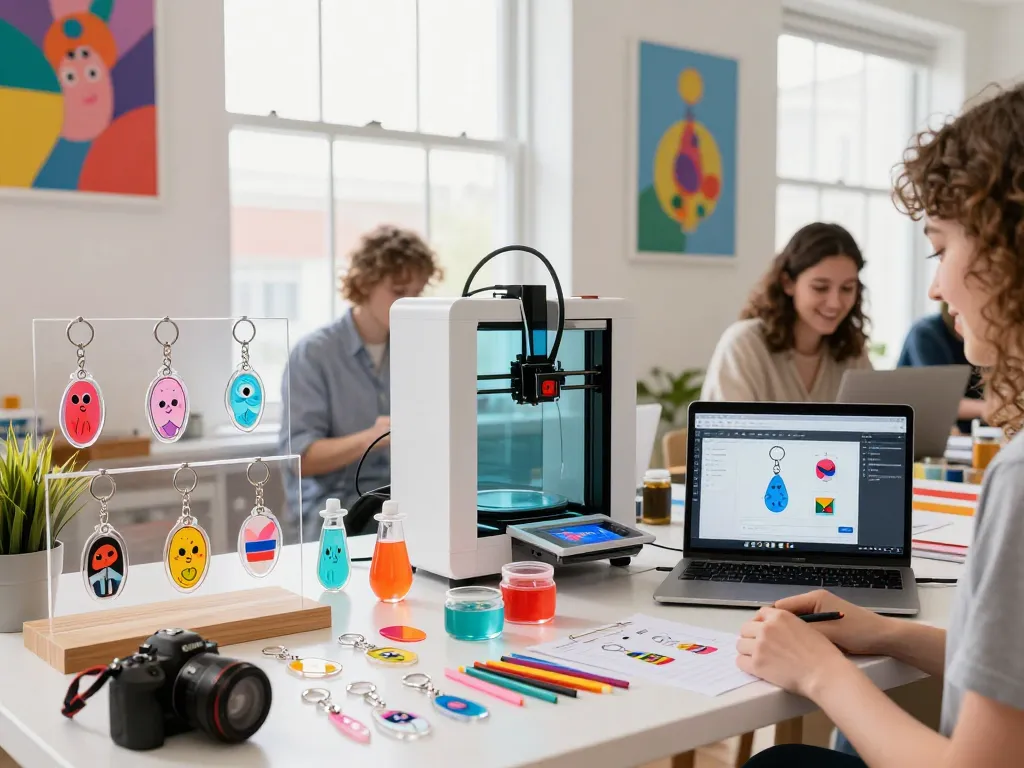 Custom clear acrylic keychain manufacturer creating vibrant designs in a creative workspace