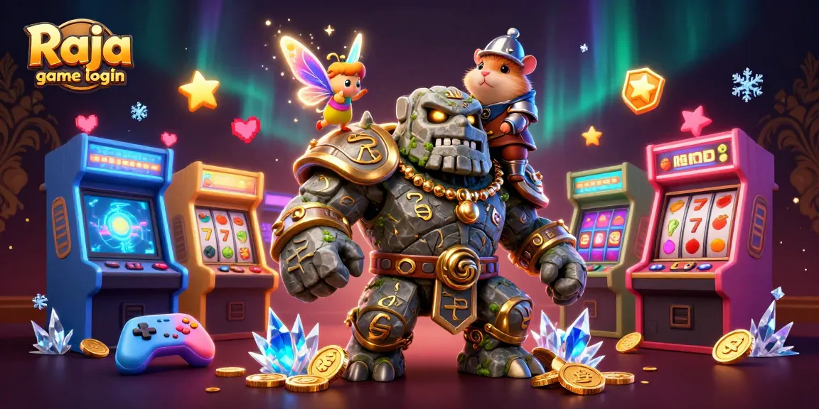 Engage with Raja game login through this vibrant casino-themed 3D illustration featuring adventurous characters.