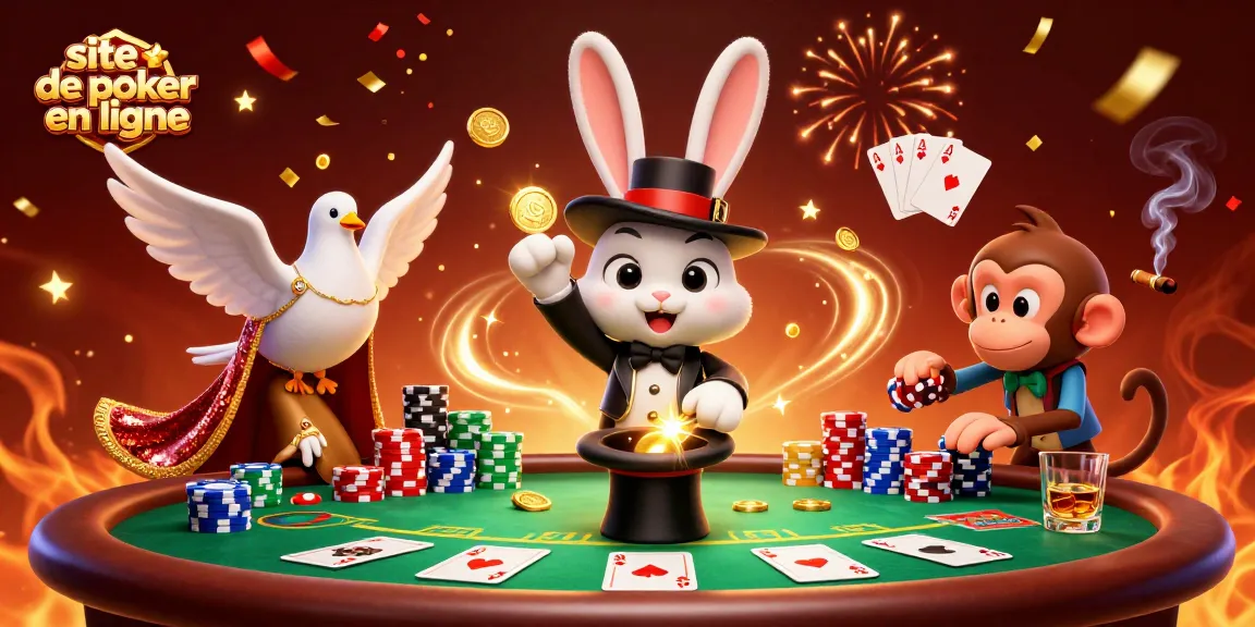 Découvrez une scène animée sur un site de poker en ligne, avec des personnages 3D et des éléments de jeu attrayants.