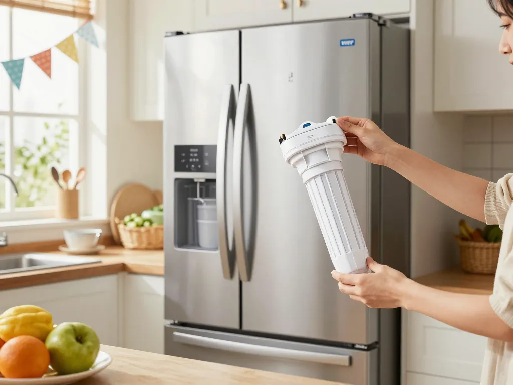 Effortlessly replacing the Waterdrop XWF Refrigerator Water Filter in a bright, modern kitchen with fresh fruits.