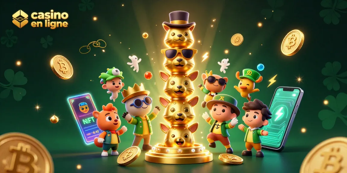 Jouez sur un casino en ligne avec un totem animé et des pièces de crypto-monnaie illuminées.