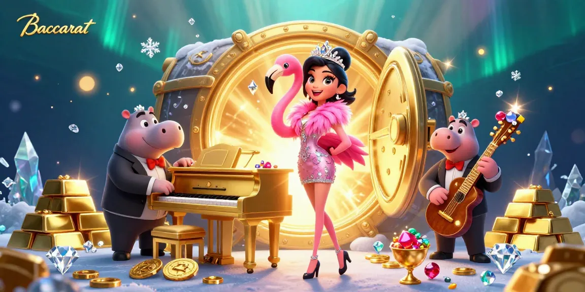 Baccarat game scene with a flamingo singer and a hippo bassist surrounded by treasures and vibrant casino elements.