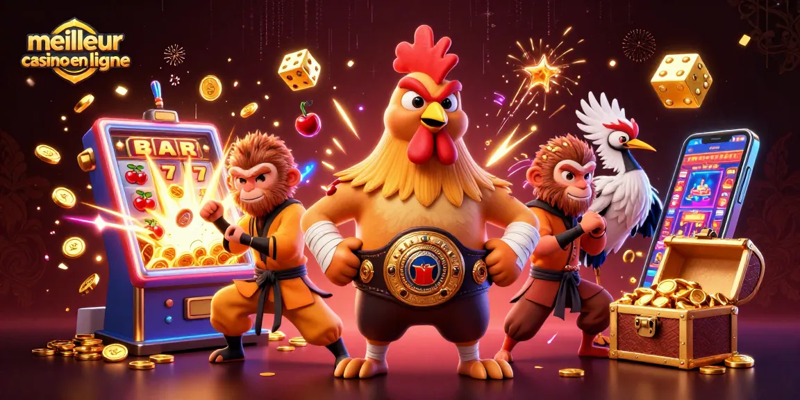 Visuel dynamique du meilleur casino en ligne avec un coq de Muay Thai, un singe Shaolin et une grue maîtresse dans un contexte festif.