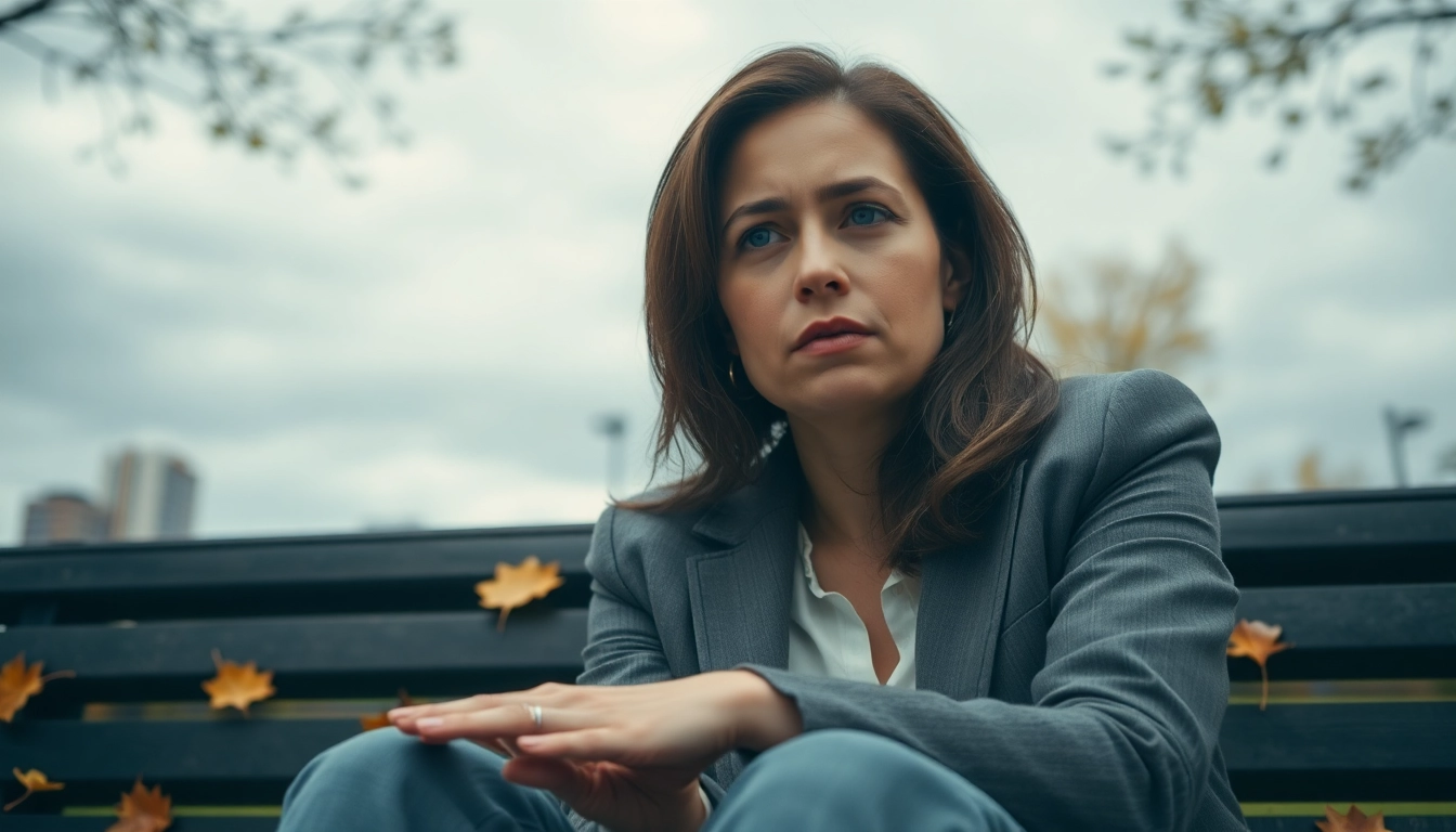 Person reflecting on depression symptoms in a serene natural setting with autumn leaves.