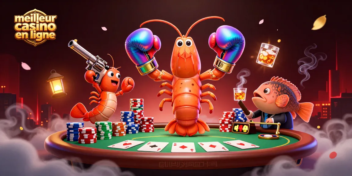 Illustration dynamique du meilleur casino en ligne avec un mantis crevette et des jetons colorés.