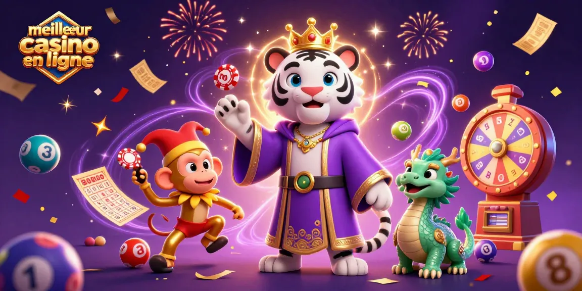 Jouer au meilleur casino en ligne avec un tigre, un singe et un dragon animés entourés de jeux de loterie.