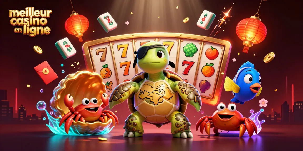 Illustration d'un meilleur casino en ligne avec une tortue pirate, un crabe et un poisson exubérant plongeant dans un trésor.
