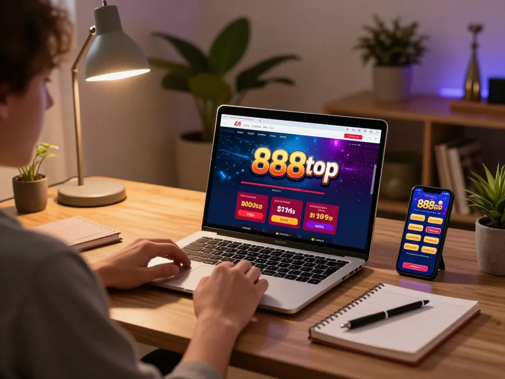 Experience gaming strategy on 888top app with a cozy home setup and laptop.