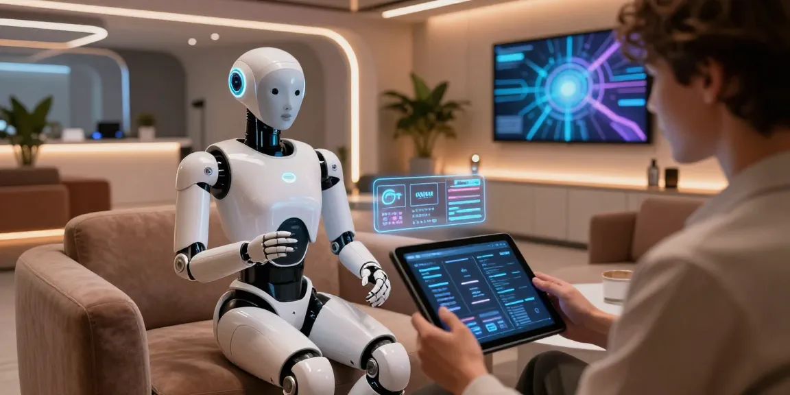 Interactive scene with a sex bot in a modern tech lounge, showcasing personalized engagement and futuristic technology.