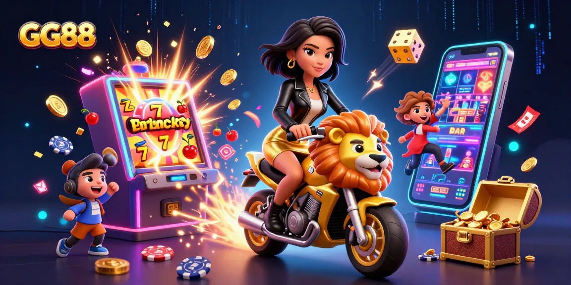 Engage with GG88's exciting gaming scene featuring vibrant slot machines and action-packed characters.