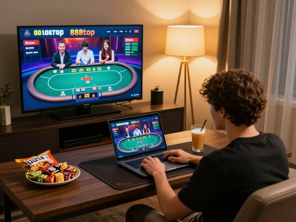 Player enjoying poker on 888top, showcasing home gaming setup with vibrant screen.