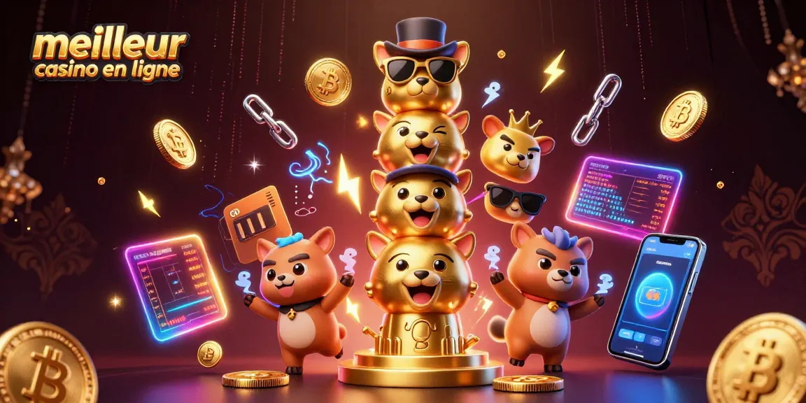 Découvrez le meilleur casino en ligne avec cette illustration dynamique de machines à sous et crypto-monnaies.