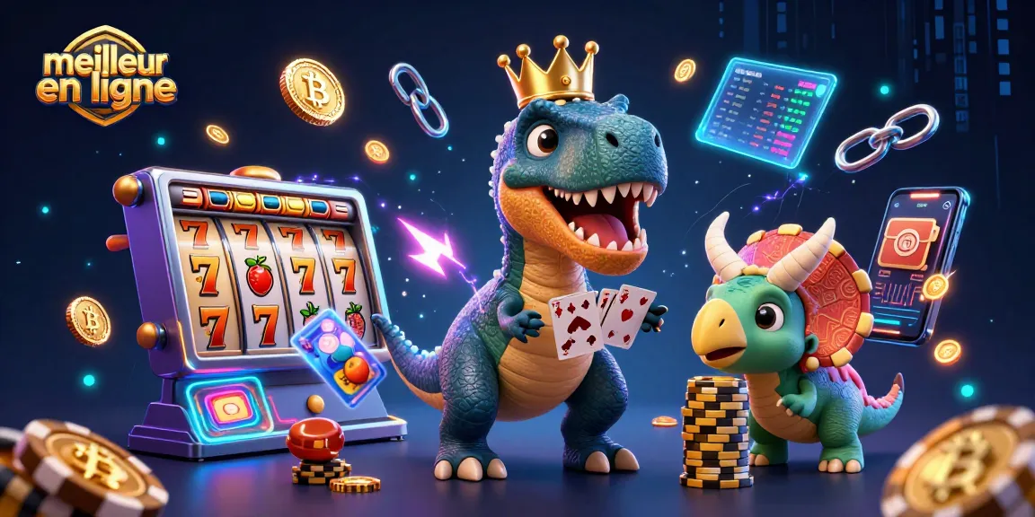 Illustration mettant en avant le meilleur casino en ligne avec un T-Rex jouant aux cartes et un baby triceratops empilant des jetons.