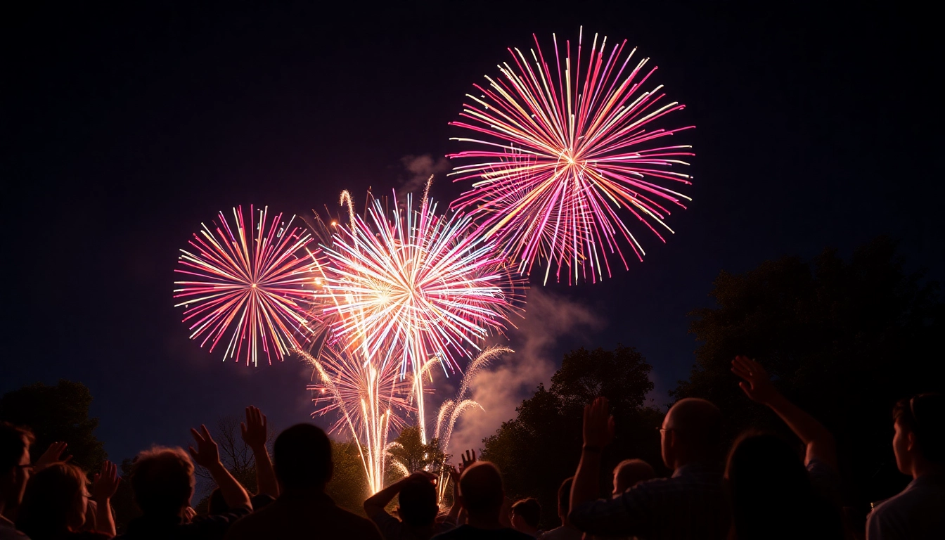 Experience breathtaking fireworks for sale lighting up the night sky over a joyful crowd.