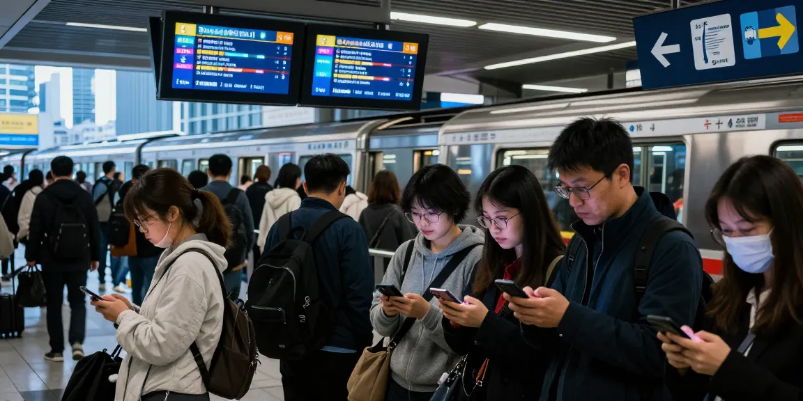 Real-time subway arrivals displayed at a busy urban station with commuters checking their smartphones.