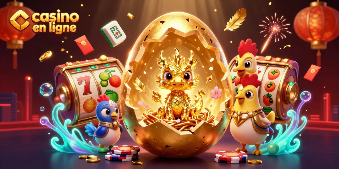 Jouez dans un casino en ligne captivant avec un dragon doré et des jetons de poker scintillants.