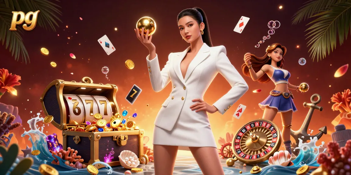 Experience thrilling pg gameplay with vibrant slot elements and a confident dealer in a luxury casino scene.