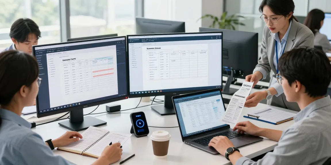 Professional team detecting fake receipt using AI technology in a modern office setting.