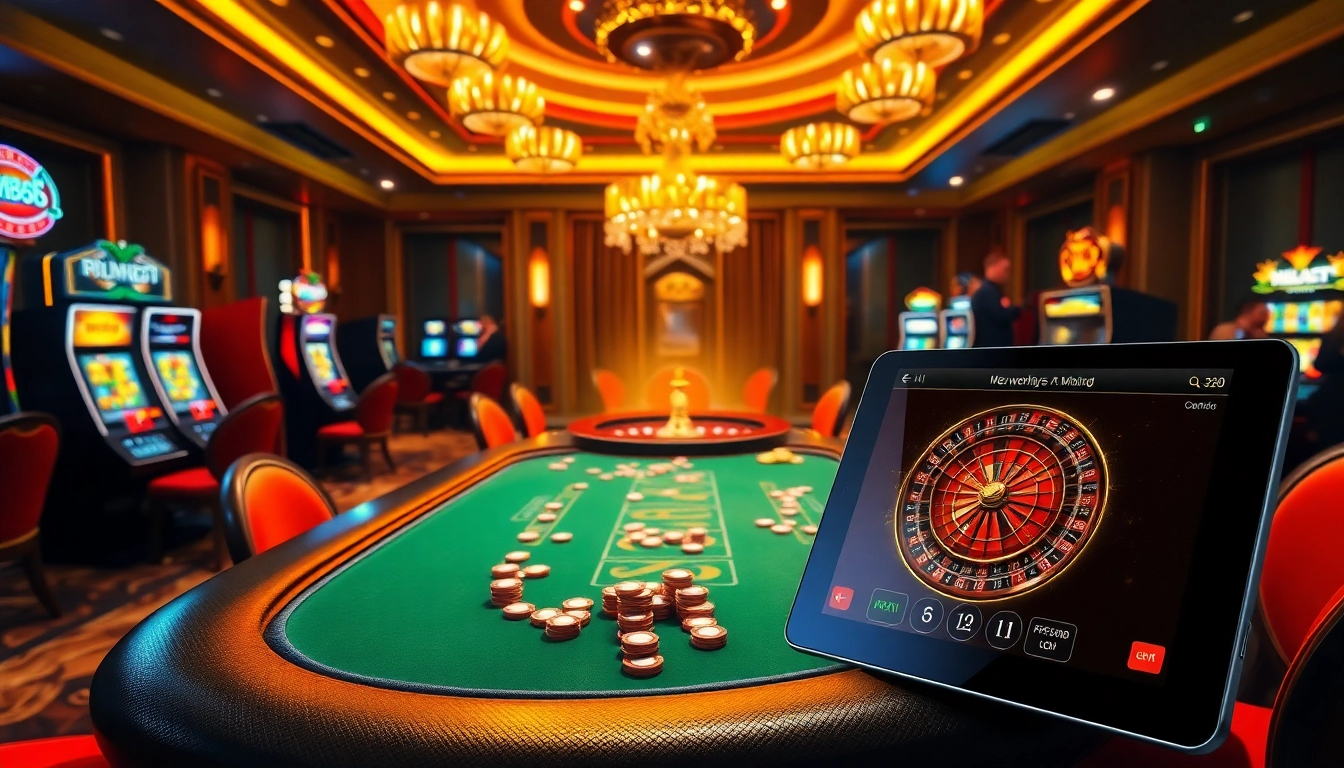 Experience the energy of the casino with mm88 link showcased on a sleek tablet amidst poker chips.