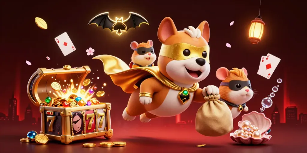 Casino illustration with a superhero dog and hamster, vibrant gold coins, and dynamic slot reels.
