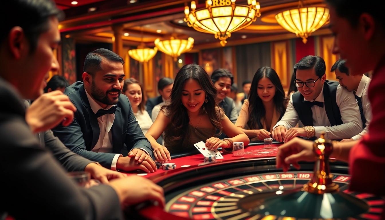 Players enjoying an engaging casino experience with the RR88 theme, featuring cards and roulette wheels.