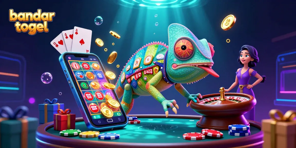 Engaging bandar togel casino scene featuring a chameleon owner and dynamic gaming elements.