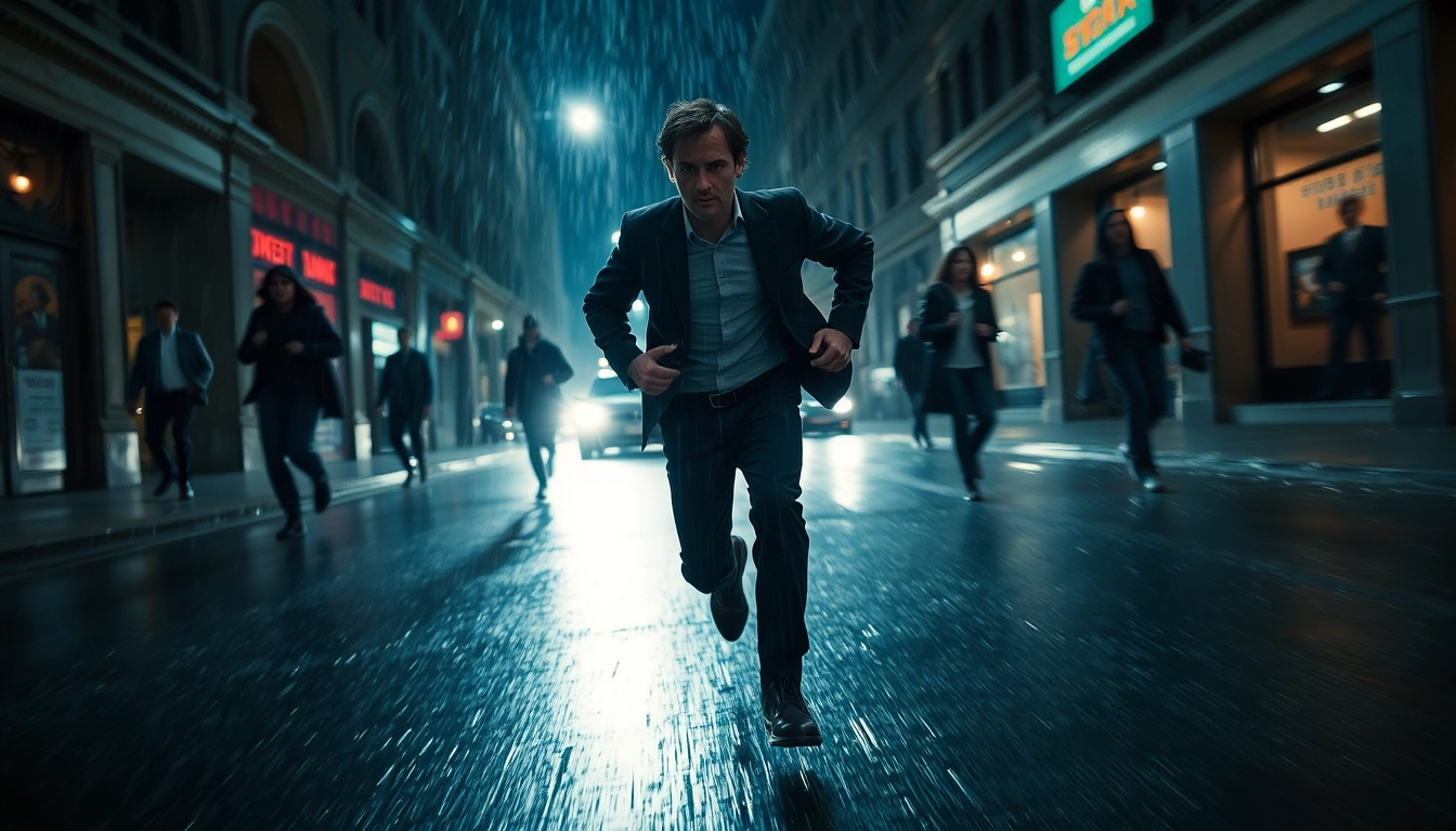 Exciting scene from a fast-paced thriller showing a detective in a dark city.