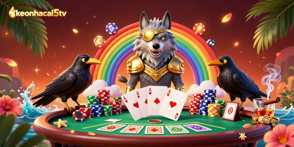 Engage with keonhacai5tv as a dynamic 3D illustration showcasing Odin wolf and ravens in a vibrant casino setting.