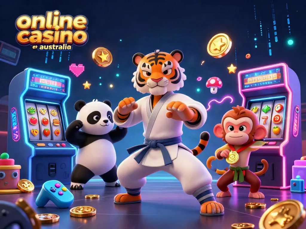 Experience vibrant action at online casino Australia with a kung fu tiger, panda, and monkey amidst game symbols.