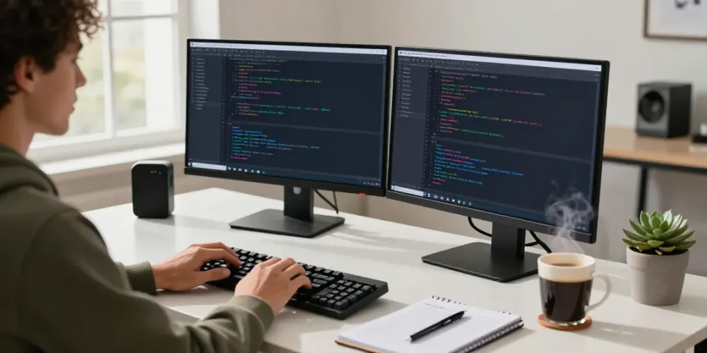 Developer coding in Notepad++ at modern workspace with dual monitors and coffee.