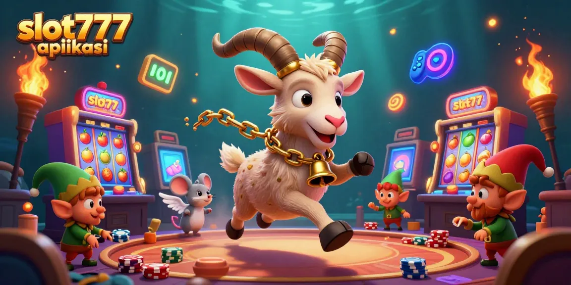 Engage in the excitement of slot777 aplikasi in this vibrant scene featuring a cartoon Krampus goat and mischievous elf gremlins at a lively casino.