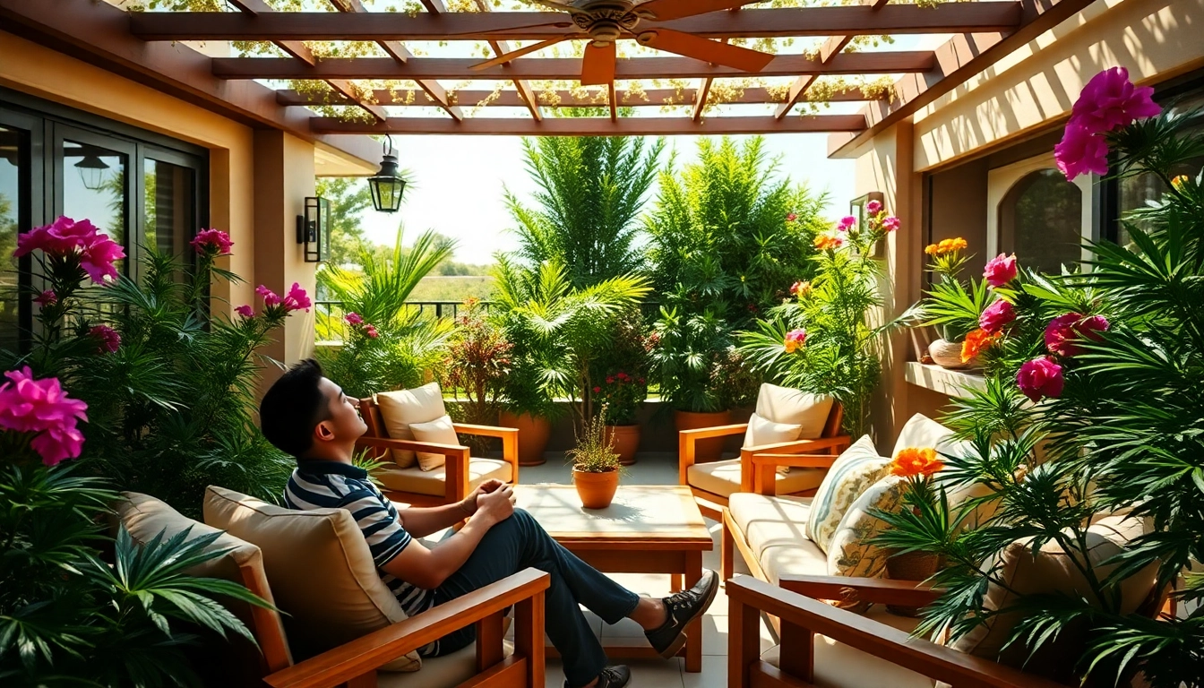 Relaxing environment at Costa Brava Cannabis Club featuring vibrant greenery and inviting seating.