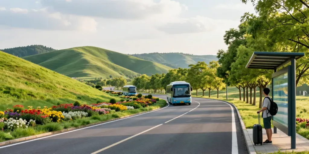 Transport Moldova Anglia cu autobuze moderne pe drumuri pitorești, călător așteptând la stație.