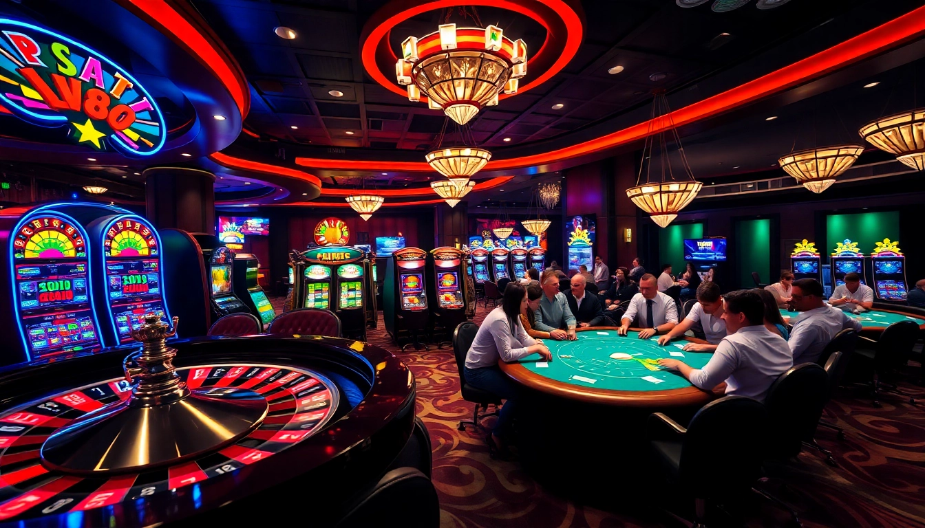 RR88 showcasing an exciting casino scene with poker tables and roulette wheel.
