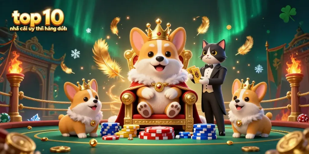 Engage in top 10 nhà cái uy tín hàng đầu with a regal royal corgi and a cat butler amidst a vibrant online casino scene.
