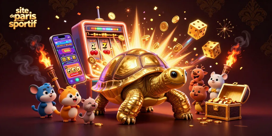 Un site de paris sportif animé avec une tortue dorée géante et des machines à sous explosives.
