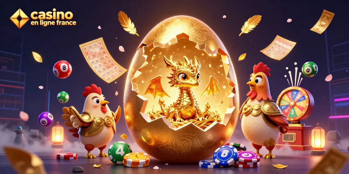 Découvrez le casino en ligne France avec un dragon doré et un œuf colossal au milieu de jetons de poker.