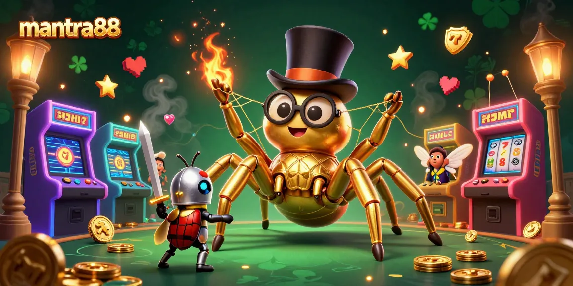 Engage in thrilling slot action with mantra88, featuring a golden tarantula and a knight in a vibrant 3D casino world.
