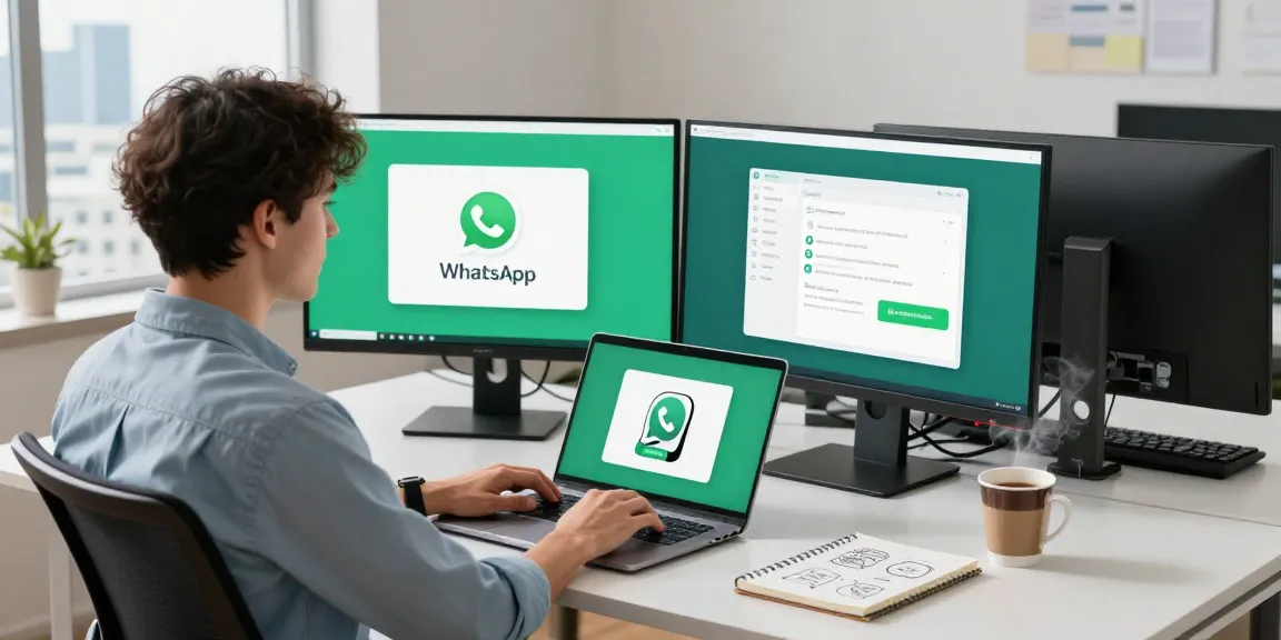 Workspace featuring WhatsApp電腦版 interface on dual monitors, demonstrating effective communication.