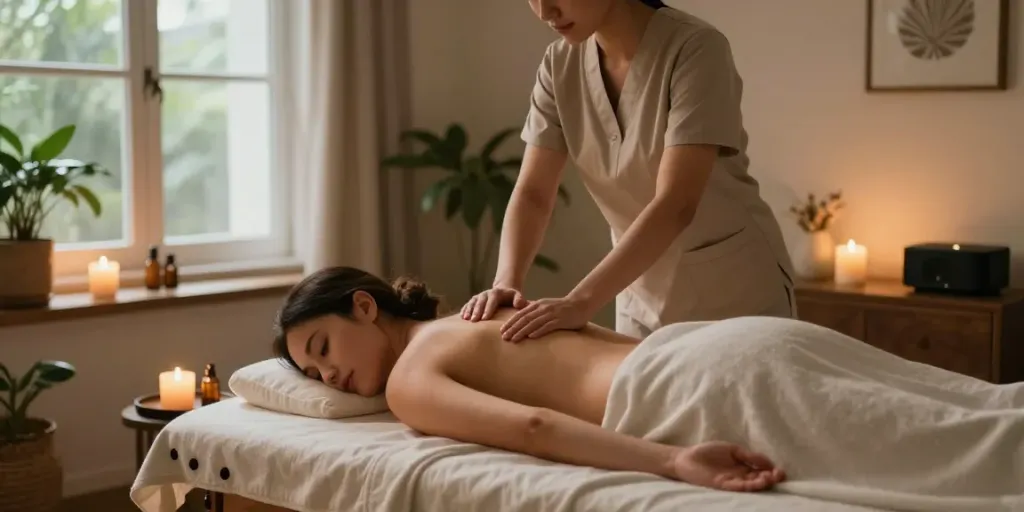 양천구출장마사지 therapy session in serene home setting with calming decor.