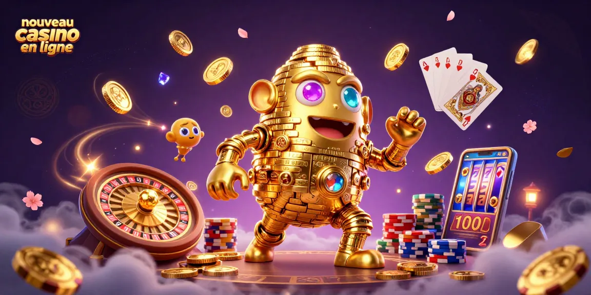 Plongez dans l'univers du nouveau casino en ligne avec un golem doré, des pièces et une roulette animée.