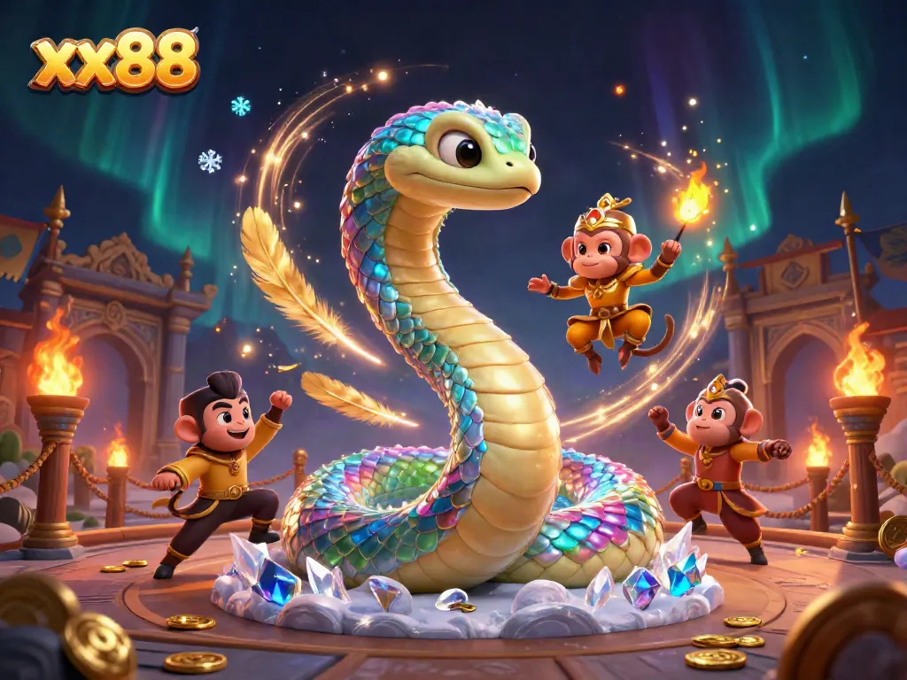 Experience vibrant casino action with xx88, featuring a playful monkey king and colorful serpent.
