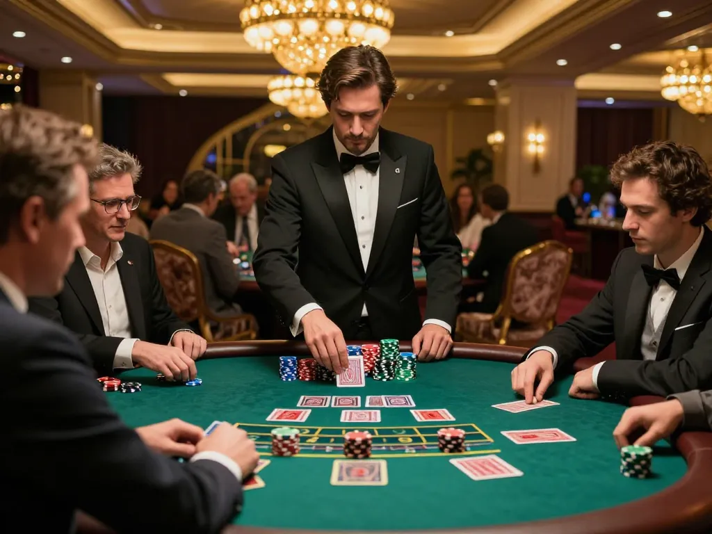 77WIN players strategizing at a high-stakes blackjack table in a luxury casino setting