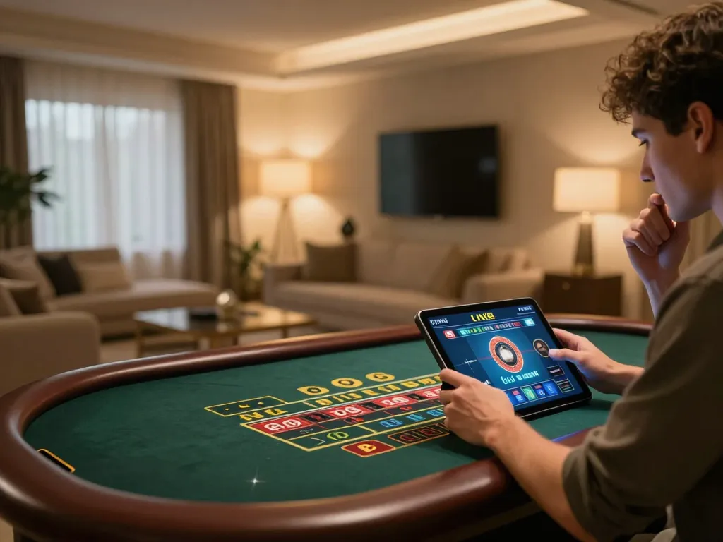 Player engaging with live dealer roulette on ev999 platform in a cozy home setup.