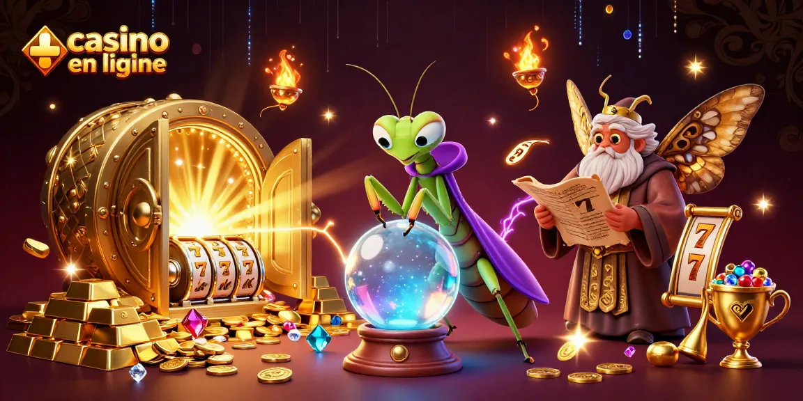 Vivez l'expérience du casino en ligne avec une scène magique incluant un caméléon et un papillon parmi des trésors scintillants.